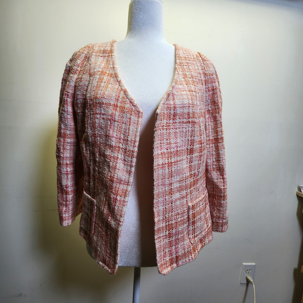 Talbots Pastel Pink Plaid Cotton Blend Tweed Blazer Sz 10 Open Front 3/4 Sleeves